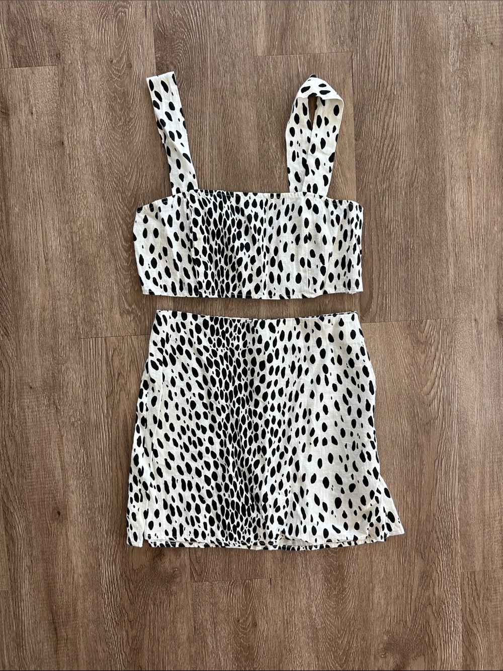 Reformation Black and White Spotted Skirt Set